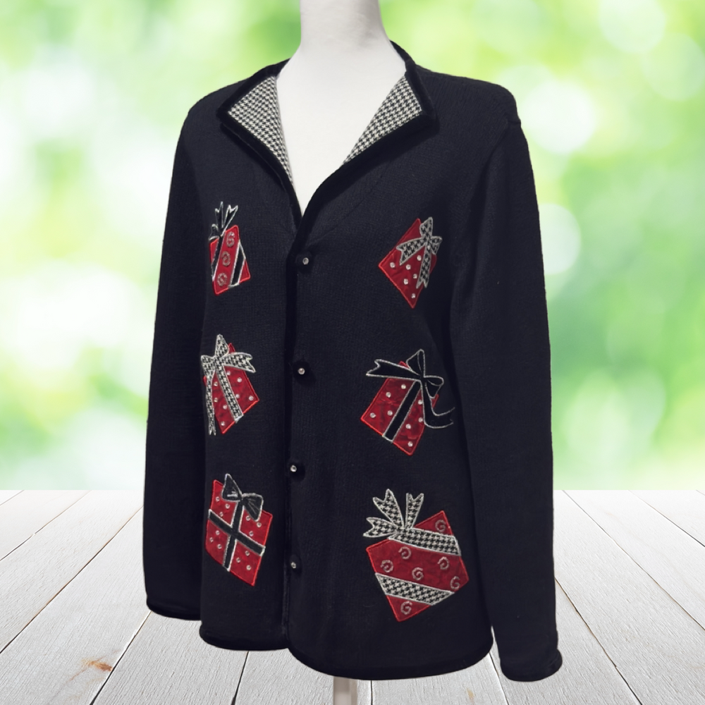 Vtg MANDAL BAY Embellished Christmas Sweater Rhinestone Presents Black Red Sz L